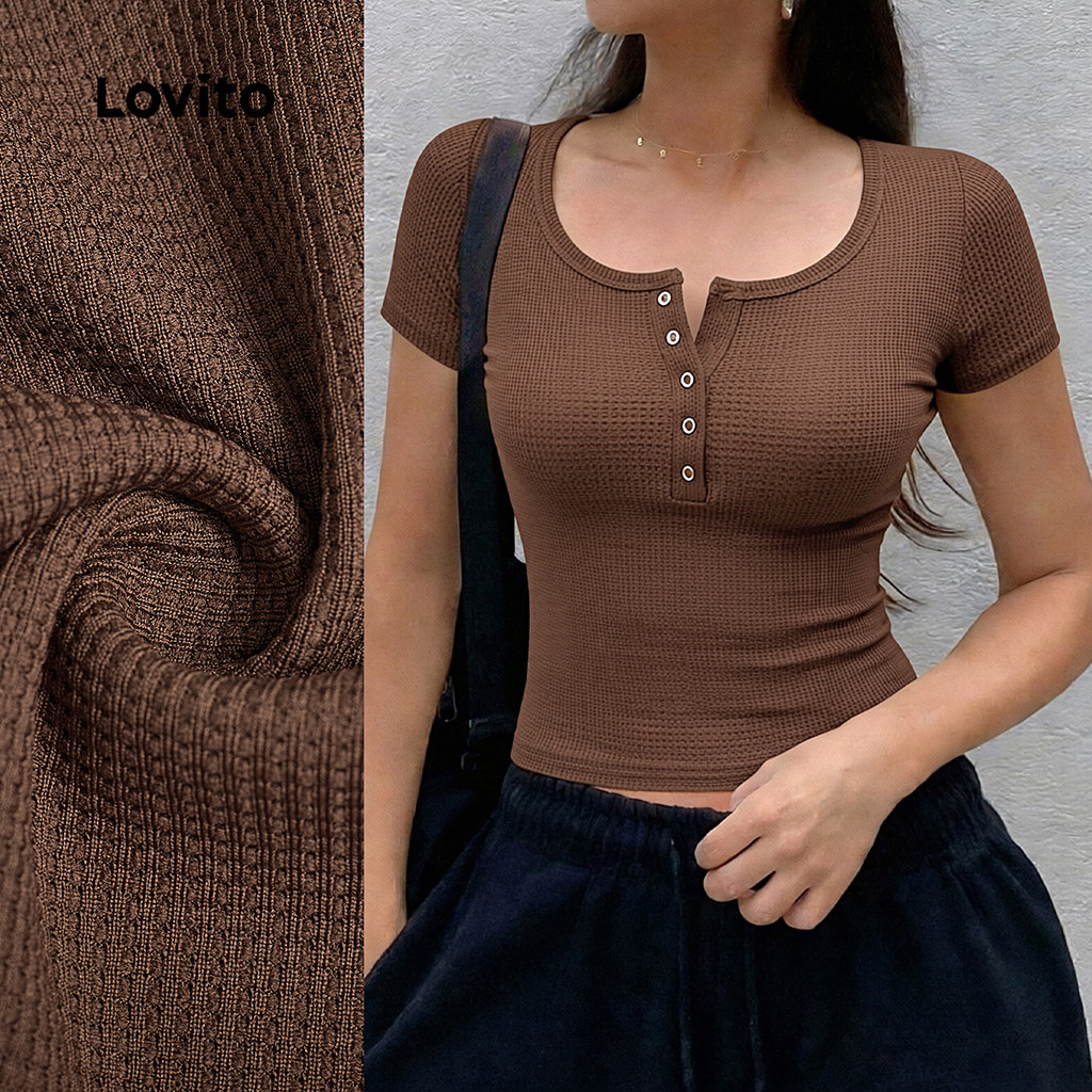 Lovito Camiseta Casual Botão Primavera/verão Camiseta Amarela para Mulheres LK5LD248 Lovito Camiseta Casual Botão Primavera/verão Camiseta Amarela para Mulheres LK5LD248