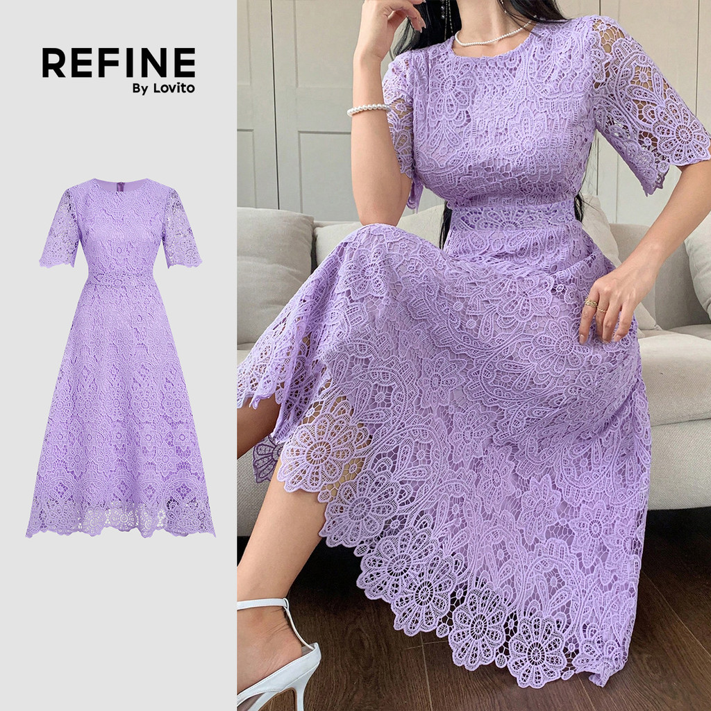 (Refine by Lovito) Vestido Elegante de Renda Oca com Babado Exagerado para Primavera/verão Roxo para mulheres LR35E050 (Refine by Lovito) Vestido Elegante de Renda Oca com Babado Exagerado para Primavera/verão Roxo para mulheres LR35E050