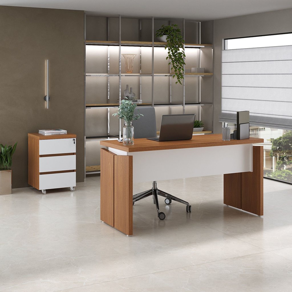 Conjunto 2 Peças com Mesa Operacional 1450 em Tamburato para Escritório e Gaveteiro com 1453cm Freijó E Branco Conjunto 2 Peças com Mesa Operacional 1450 em Tamburato para Escritório e Gaveteiro com 1453cm Freijó E Branco