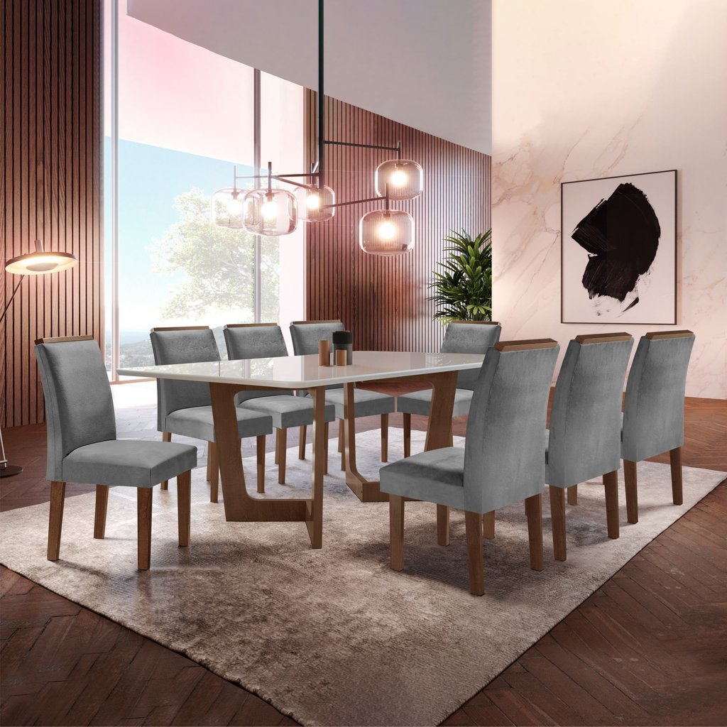 Conjunto Sala de Jantar Nápoles Tampo Vidro/mdf com 8 Cadeiras Luísa Smart Plus Chocolate/Off White/Cinza Conjunto Sala de Jantar Nápoles Tampo Vidro/mdf com 8 Cadeiras Luísa Smart Plus Chocolate/Off White/Cinza