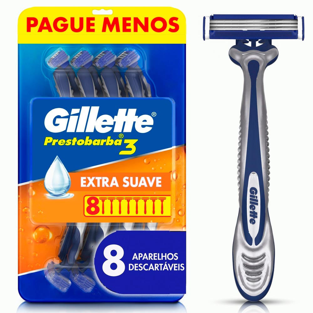 Aparelho de Barbear Descartável Gillette Prestobarba3 Leve 8 Pague 6 Unidades Aparelho de Barbear Descartável Gillette Prestobarba3 Leve 8 Pague 6 Unidades