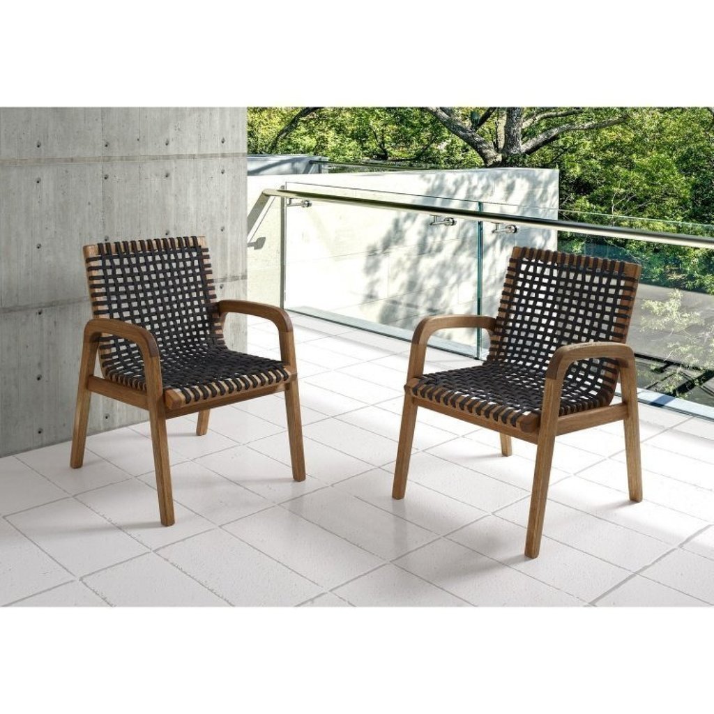 Conjunto 2 Cadeiras Para Jardim em Madeira e Corda Náutica com Braço Traço Conjunto 2 Cadeiras Para Jardim em Madeira e Corda Náutica com Braço Traço