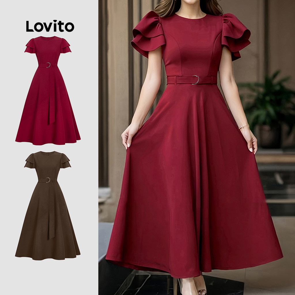Lovito Vestido Elegante com Cinto de Dupla Camada Primavera/verão Vinho Tinto para mulheres L155ED434