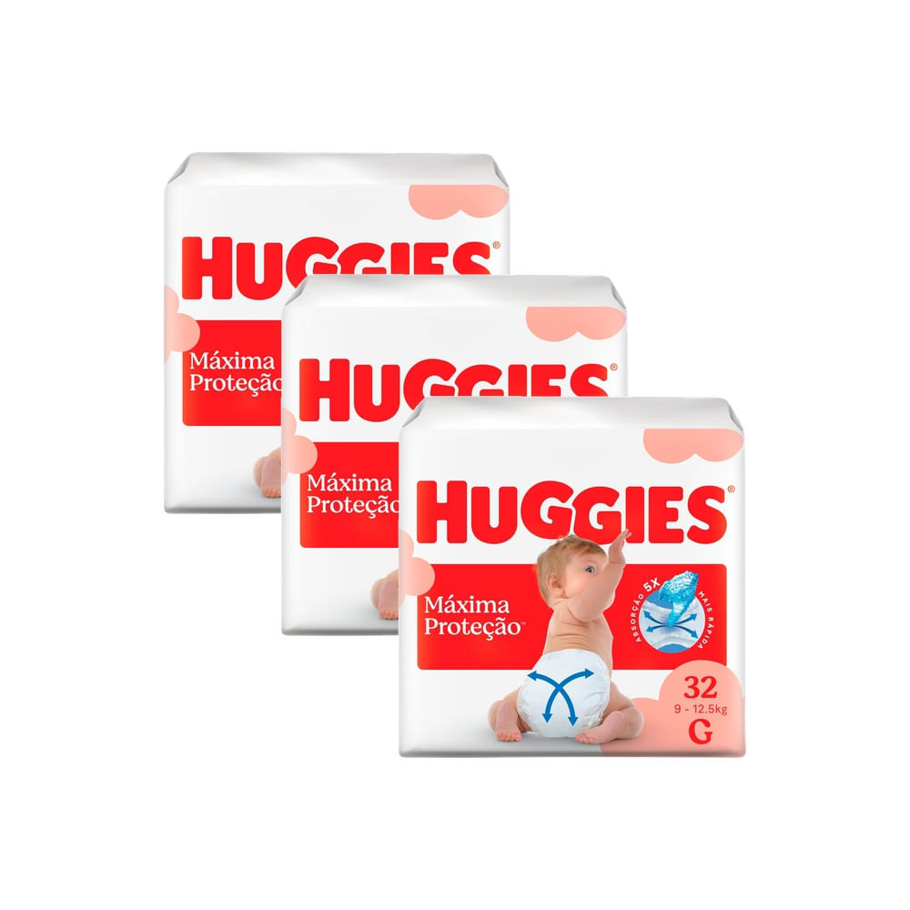 Kit 3 Fralda Huggies Máxima Proteção Tamanho G Mega 32 Unidades Descartáveis Kit 3 Fralda Huggies Máxima Proteção Tamanho G Mega 32 Unidades Descartáveis