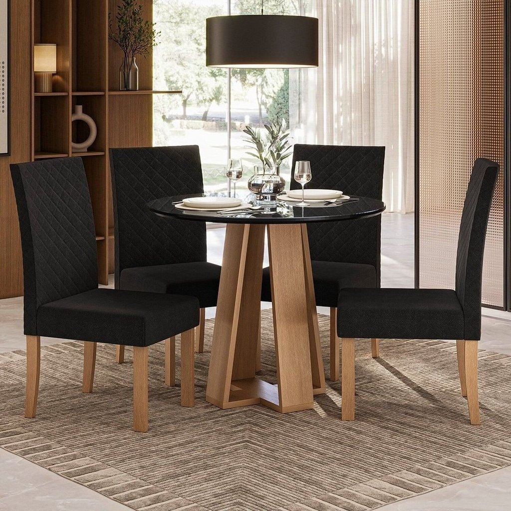 Conjunto Sala de Jantar 1 Mesa Redonda com 4 Cadeiras Mel/Preto Conjunto Sala de Jantar 1 Mesa Redonda com 4 Cadeiras Mel/Preto