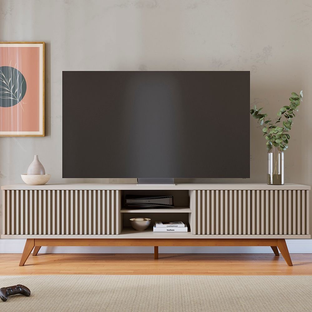 Rack Ripado para TV até 75 Polegadas 220cm Pés em Madeira Maciça Maciça Fortaleza Off White Matte Rack Ripado para TV até 75 Polegadas 220cm Pés em Madeira Maciça Maciça Fortaleza Off White Matte