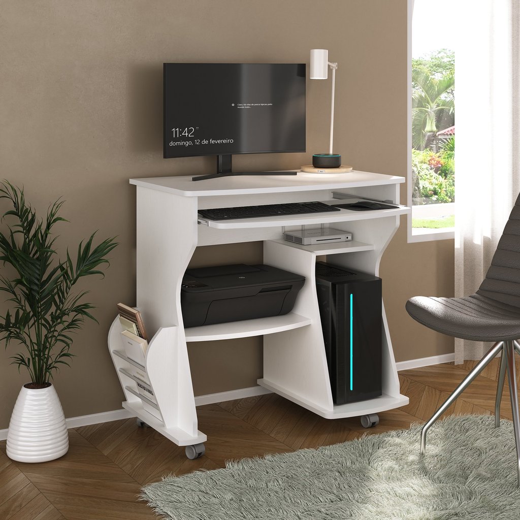 Escrivaninha Mesa Escritório com Rodinhas, Espaço para Computador, CPU e Suporte para Teclado 160 Artely Branco 88cm Escrivaninha Mesa Escritório com Rodinhas, Espaço para Computador, CPU e Suporte para Teclado 160 Artely Branco 88cm
