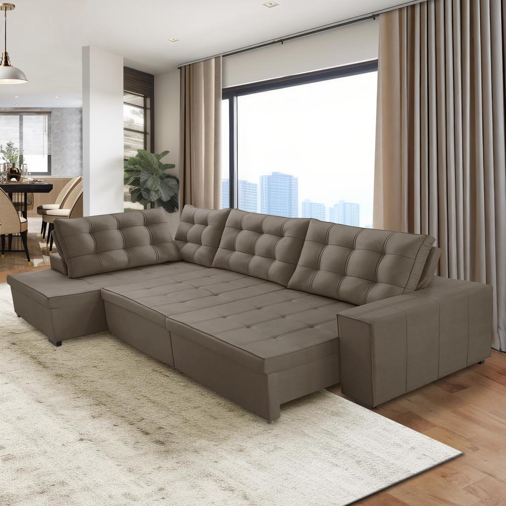 Sofá de Canto Retrátil e Reclinável com Molas 3,00×2,00 Esq Jacke Suede Cappuccino Adonai Estofados