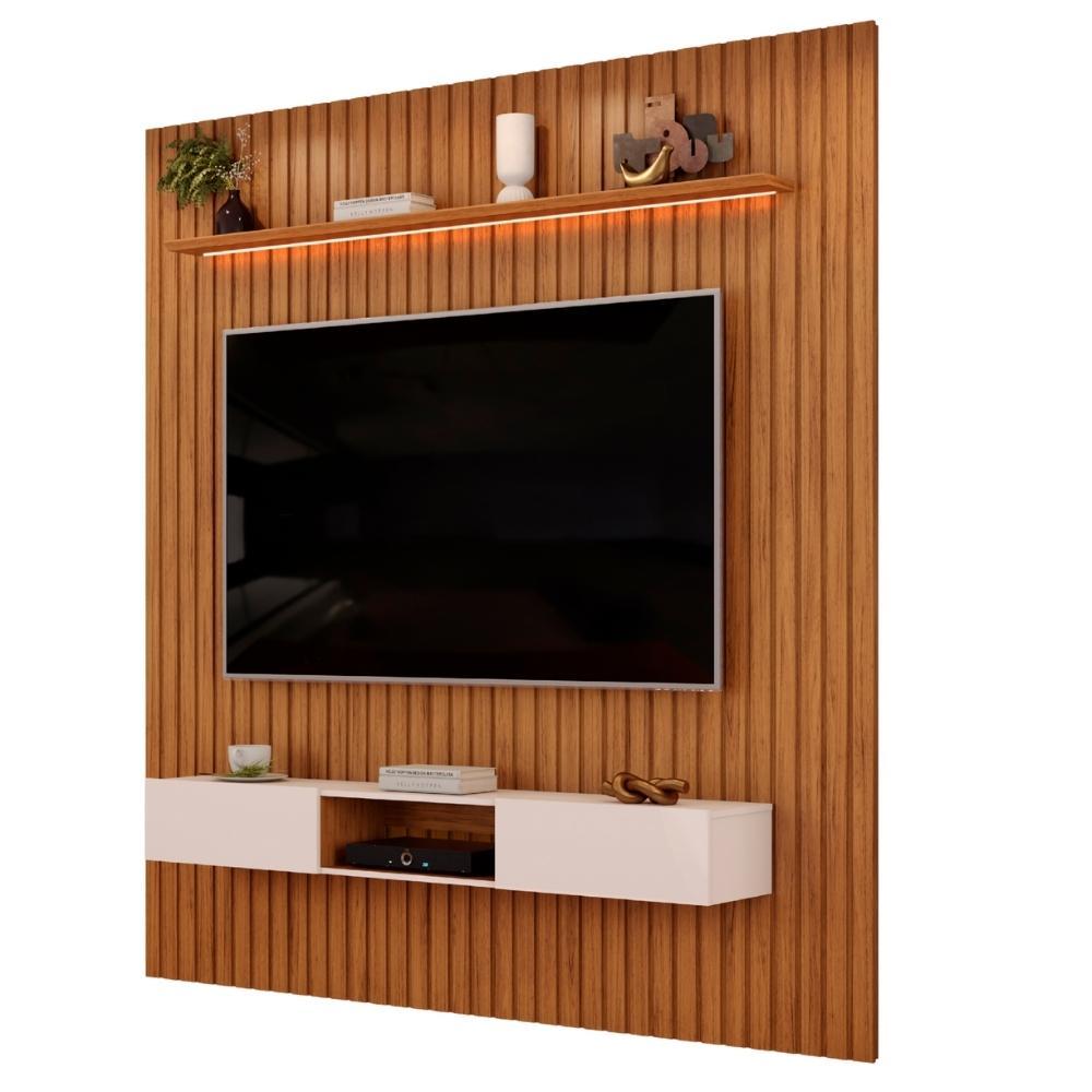 Painel Para TV Até 90 Polegadas 2,75m Ripado Autêntico Com Led e Nicho Montreal Madeirado/Off White Painel Para TV Até 90 Polegadas 2,75m Ripado Autêntico Com Led e Nicho Montreal Madeirado/Off White