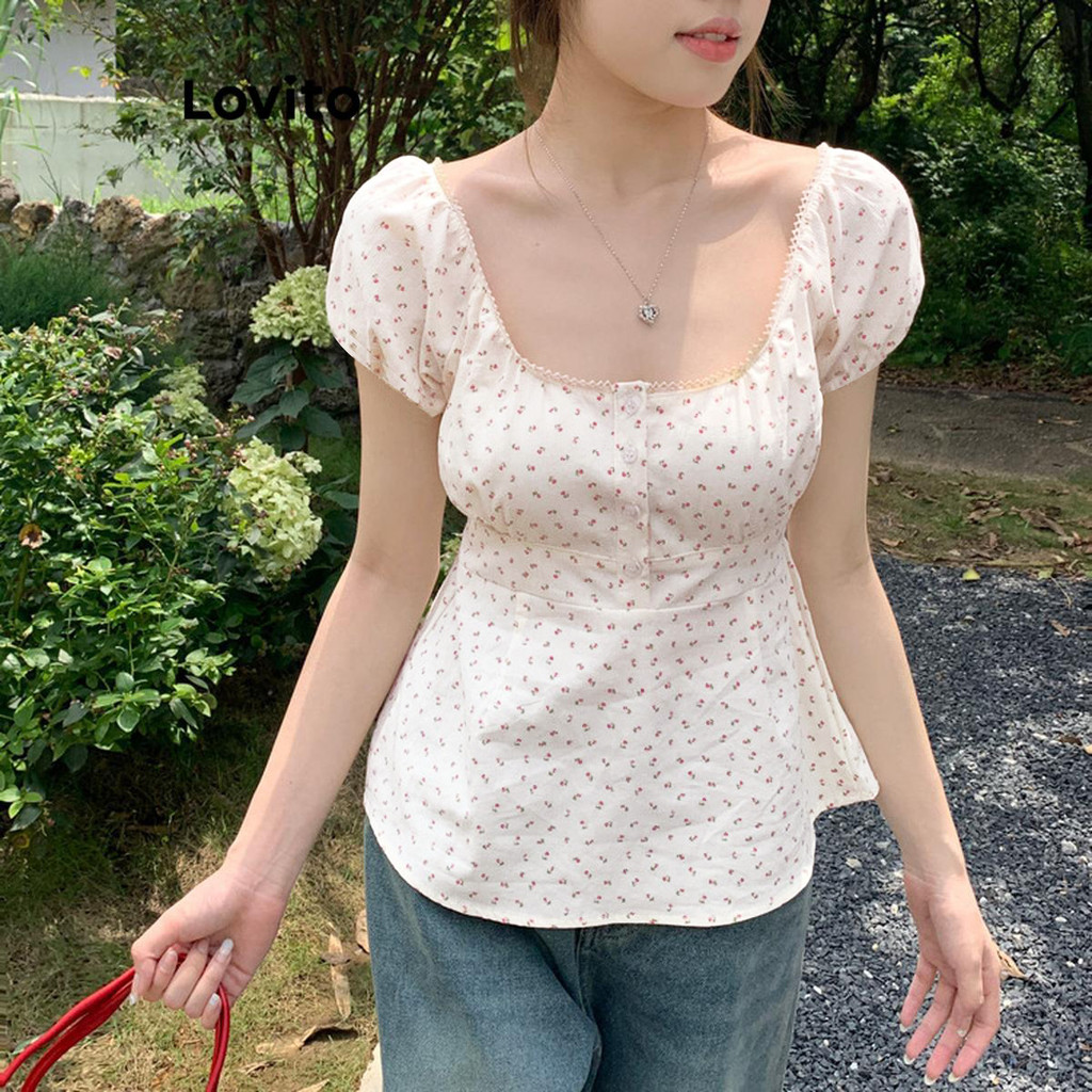 Lovito Blusa Casual Ditsy Floral Button Flowers Blusa Para Mulheres LNM65156 Lovito Blusa Casual Ditsy Floral Button Flowers Blusa Para Mulheres LNM65156