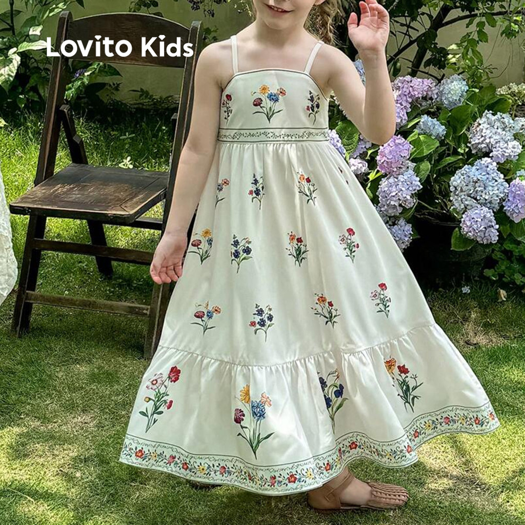 (NEW) Lovito Kids Vestido Fofo com Franzido para Menina Ideal para primavera/verão L153ED169