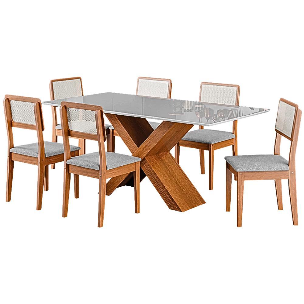 Conjunto de Mesa Sala de Jantar Tampo com Vidro 1,80m Grécia 6 Cadeiras Santiago Dobuê Conjunto de Mesa Sala de Jantar Tampo com Vidro 1,80m Grécia 6 Cadeiras Santiago Dobuê