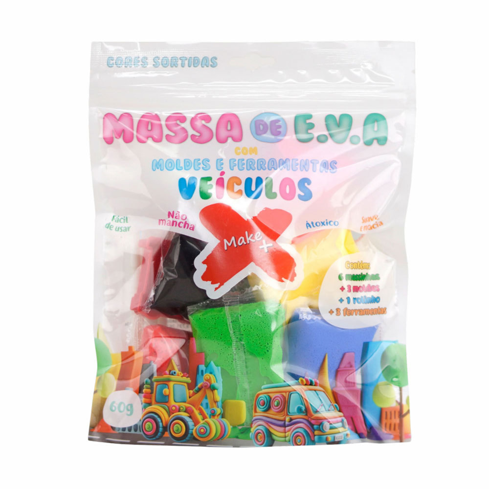 Massa de EVA em pote 60g 6 cores Veículos Gatte Massa de EVA em pote 60g 6 cores Veículos Gatte