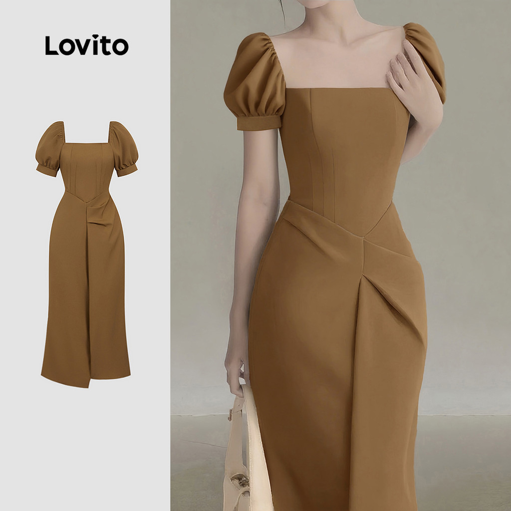 Lovito Vestido Elegante com Pregas Estrutura de Linhas Passeio Na Primavera/verão Cáqui claro L155ED1822 Lovito Vestido Elegante com Pregas Estrutura de Linhas Passeio Na Primavera/verão Cáqui claro L155ED1822