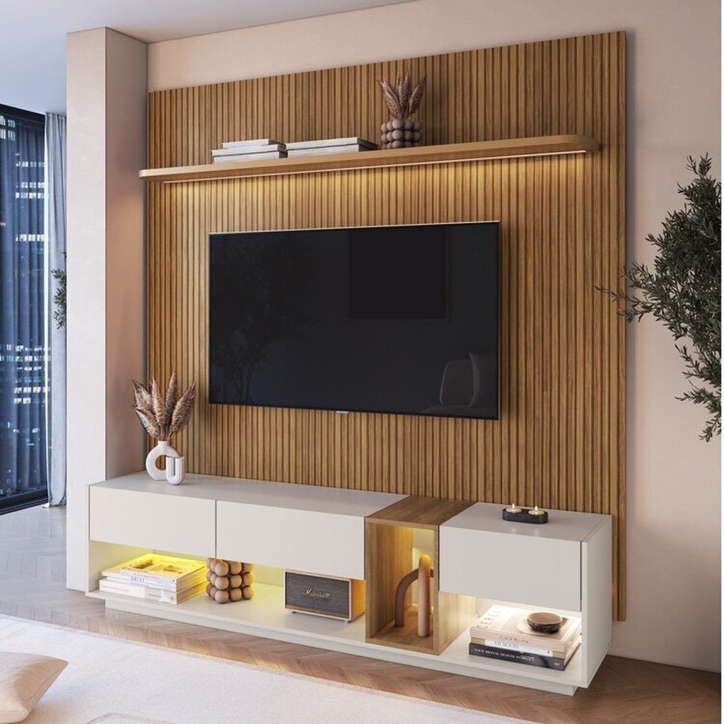 Rack com Painel Ripado para TV até 75 Polegadas com LED 185,5cmx228,4cm Liverpool Yescasa Mel/Arenas Rack com Painel Ripado para TV até 75 Polegadas com LED 185,5cmx228,4cm Liverpool Yescasa Mel/Arenas