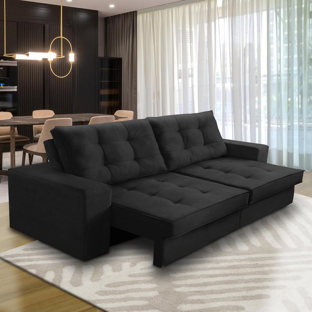 Sofá Retrátil e Reclinável 3 lugares 2,10m com Molas Marcela Suede Preto Adonai Estofados Sofá Retrátil e Reclinável 3 lugares 2,10m com Molas Marcela Suede Preto Adonai Estofados