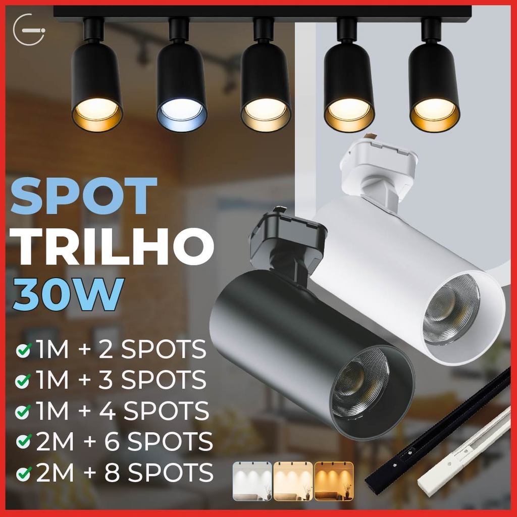 Trilho Spot LED para trilho eletrificado + Trilho + Conector Preto ou Branco 30W 360° Luz Fria, Neutra e Quente Bivolt Trilho Spot LED para trilho eletrificado + Trilho + Conector Preto ou Branco 30W 360° Luz Fria, Neutra e Quente Bivolt