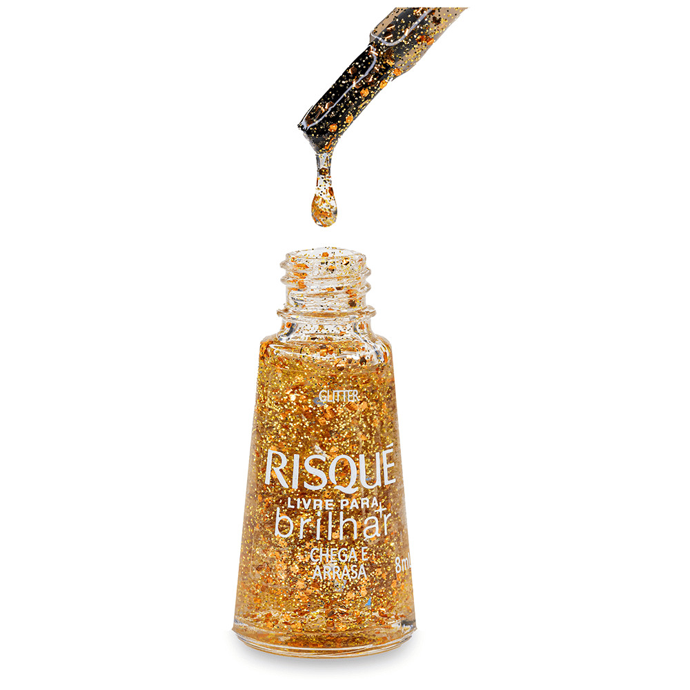 Esmalte Risqué Livre para Brilhar Glitter Dourado Chega e Arrasa Esmalte Risqué Livre para Brilhar Glitter Dourado Chega e Arrasa
