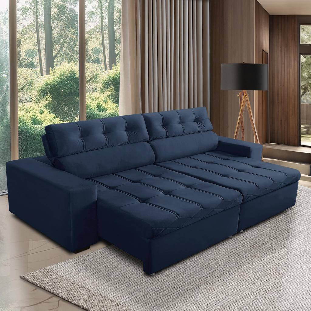 Sofá Retrátil e Reclinável 3 Lugares com Molas 2,50m Dani Suede Azul Adonai Estofados Sofá Retrátil e Reclinável 3 Lugares com Molas 2,50m Dani Suede Azul Adonai Estofados