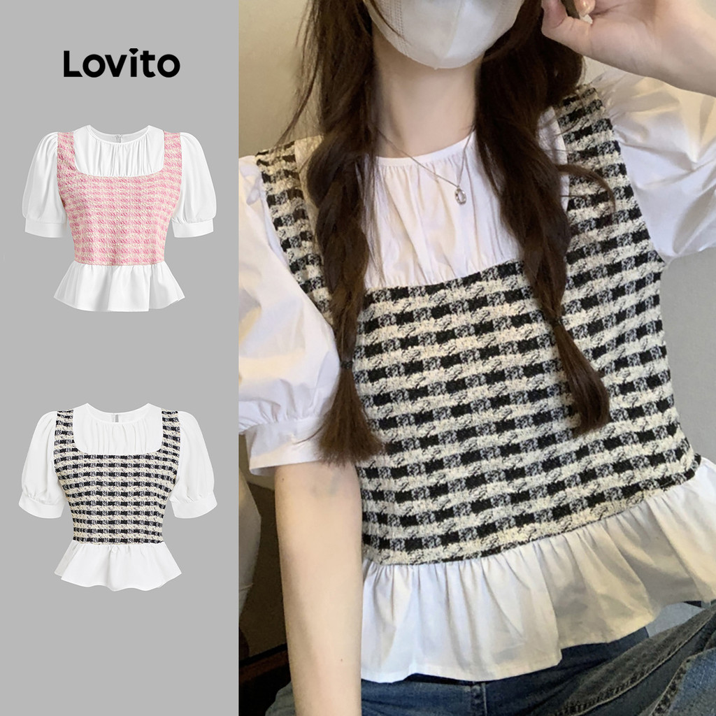 Lovito Blusa Casual Gingham Jacquard Blusa Verão/Primavera Para Mulheres L114AD317 Lovito Blusa Casual Gingham Jacquard Blusa Verão/Primavera Para Mulheres L114AD317