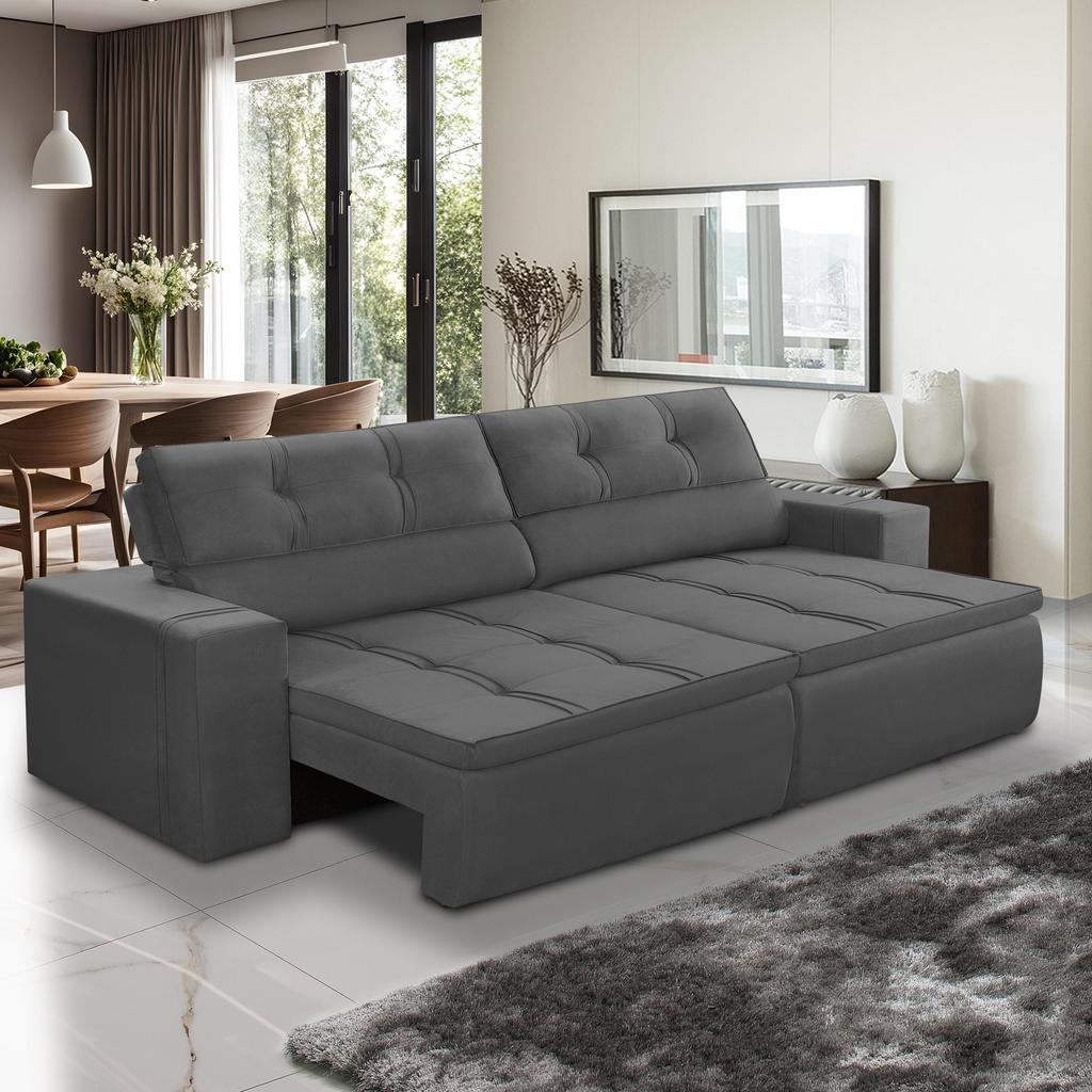 Sofá Retrátil e Reclinável 3 lugares 2,10m com Molas Stella Suede Cinza Adonai Estofados Sofá Retrátil e Reclinável 3 lugares 2,10m com Molas Stella Suede Cinza Adonai Estofados