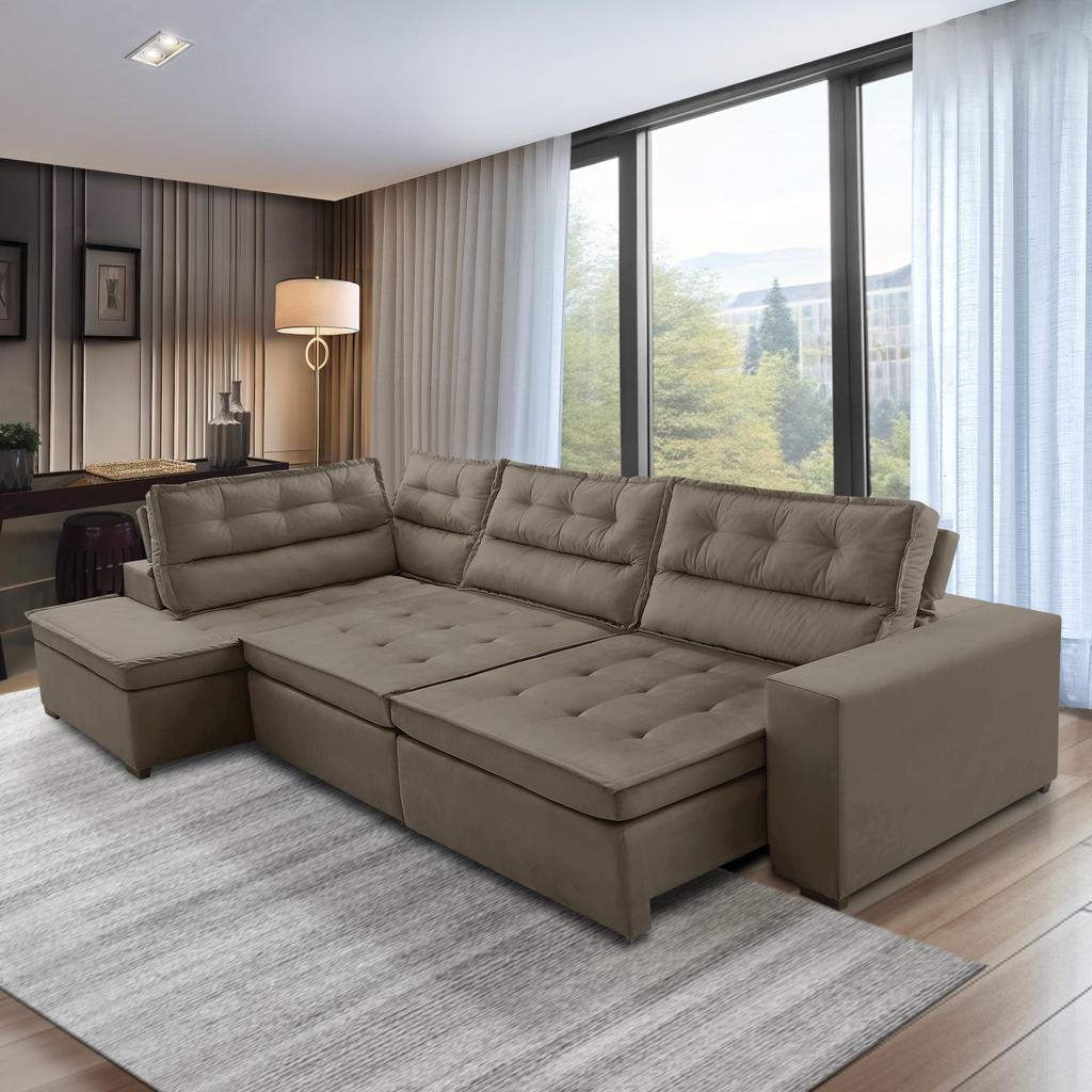 Sofá de Canto Retrátil e Reclinável com Molas 3,40×2,00 Esq Virginia Suede Cappuccino Adonai Estofados Sofá de Canto Retrátil e Reclinável com Molas 3,40×2,00 Esq Virginia Suede Cappuccino Adonai Estofados