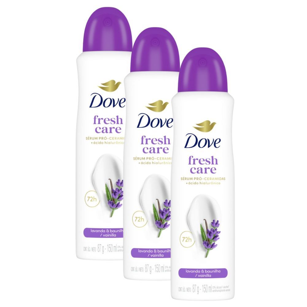 Kit 3 Antitranspirante Aerosol Dove Fresh Care Lavanda e Baunilha 150ml Spray Kit 3 Antitranspirante Aerosol Dove Fresh Care Lavanda e Baunilha 150ml Spray