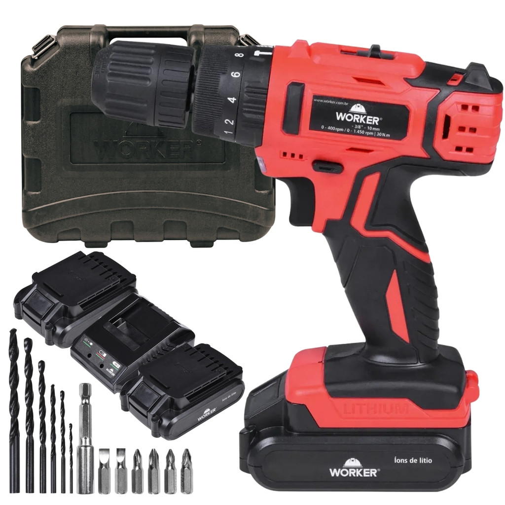 Parafusadeira de Impacto 18V Worker 30Nm 2 Baterias 17 Peças Parafusadeira de Impacto 18V Worker 30Nm 2 Baterias 17 Peças