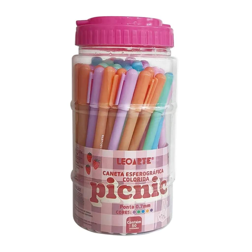 Pote com 50 Canetas Esferográficas Picnic 0.7 Colorida Leoarte Leonora Papelaria Material Escolar Pote com 50 Canetas Esferográficas Picnic 0.7 Colorida Leoarte Leonora Papelaria Material Escolar