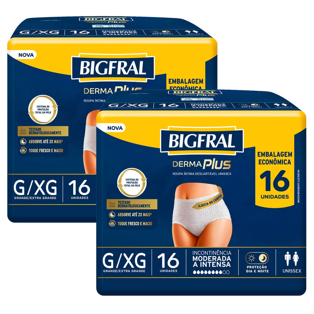 Kit 2 Roupa Íntima Bigfral Derma Plus G/XG 16 Unidades Kit 2 Roupa Íntima Bigfral Derma Plus G/XG 16 Unidades