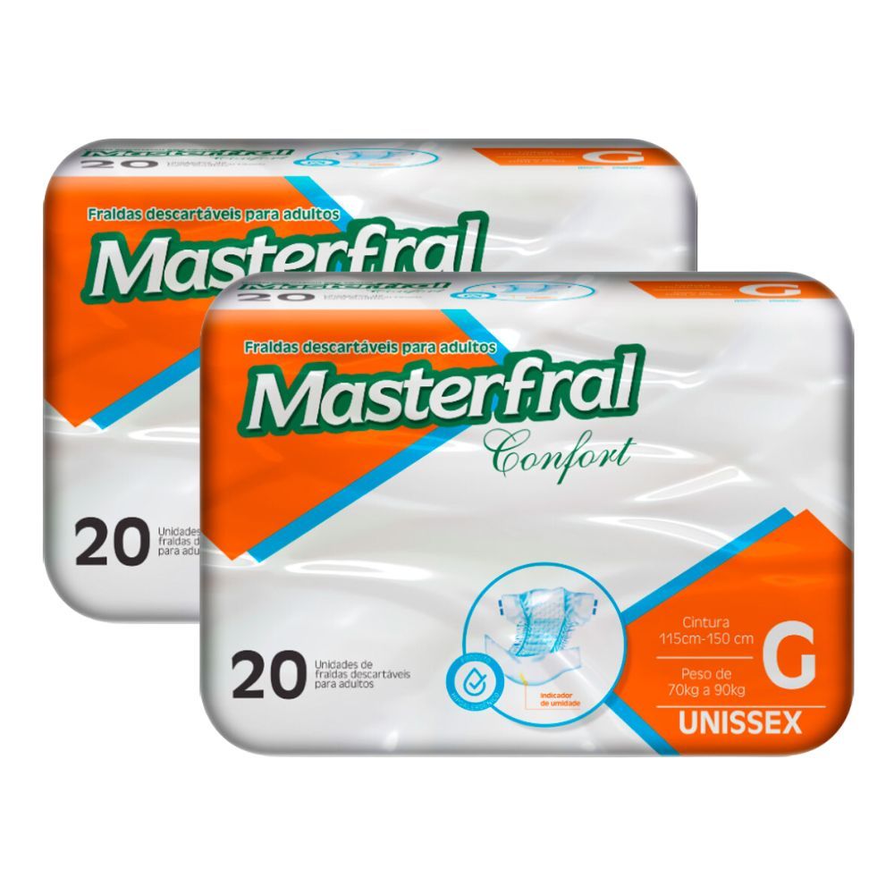 Kit 2 Fralda Geriátrica Masterfral Confort Unissex Tamanho G com 20 Unidades Descartáveis Kit 2 Fralda Geriátrica Masterfral Confort Unissex Tamanho G com 20 Unidades Descartáveis