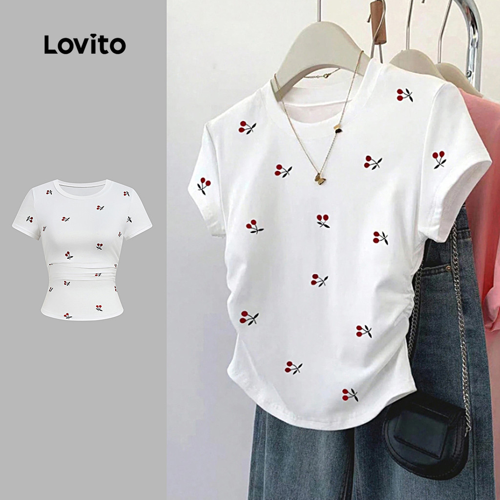 Lovito Camiseta Branca Casual T-shirt com Ruched para Mulheres Primavera/Verão L166AD404 Lovito Camiseta Branca Casual T-shirt com Ruched para Mulheres Primavera/Verão L166AD404