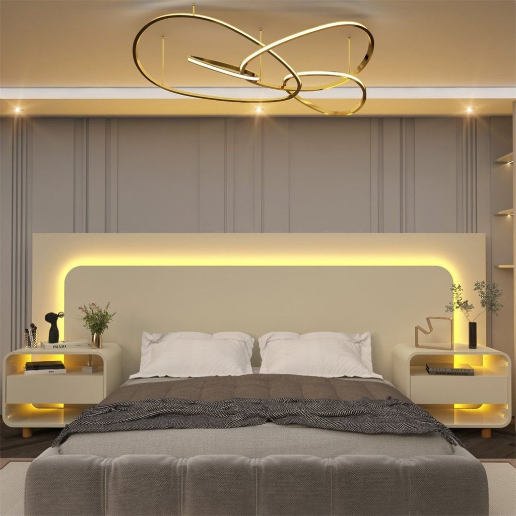 Cabeceira Box Casal com 2 Mesas de Cabeceira com Led Innova 100% MDF Off White Cabeceira Box Casal com 2 Mesas de Cabeceira com Led Innova 100% MDF Off White