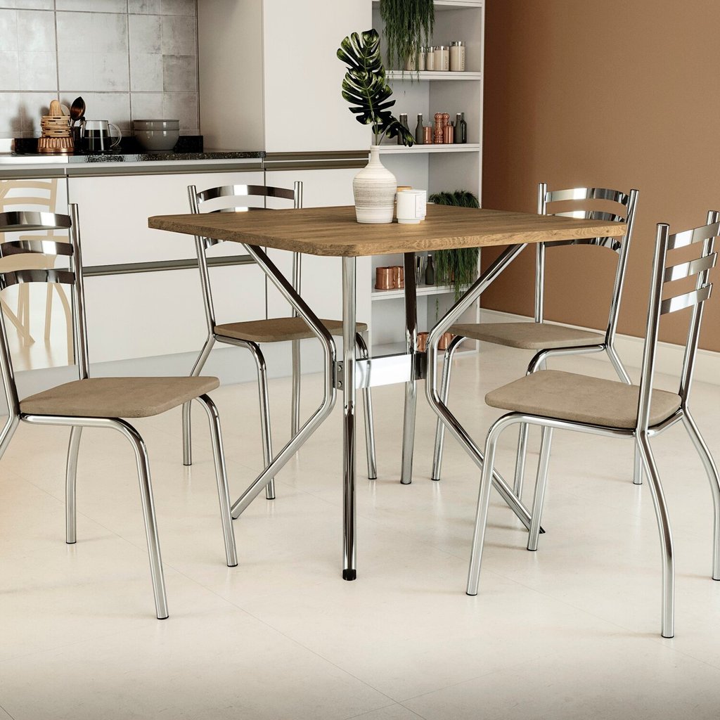 Conjunto Mesa Loire 4 Cadeiras Portugal Cromado/Cappuccino Conjunto Mesa Loire 4 Cadeiras Portugal Cromado/Cappuccino