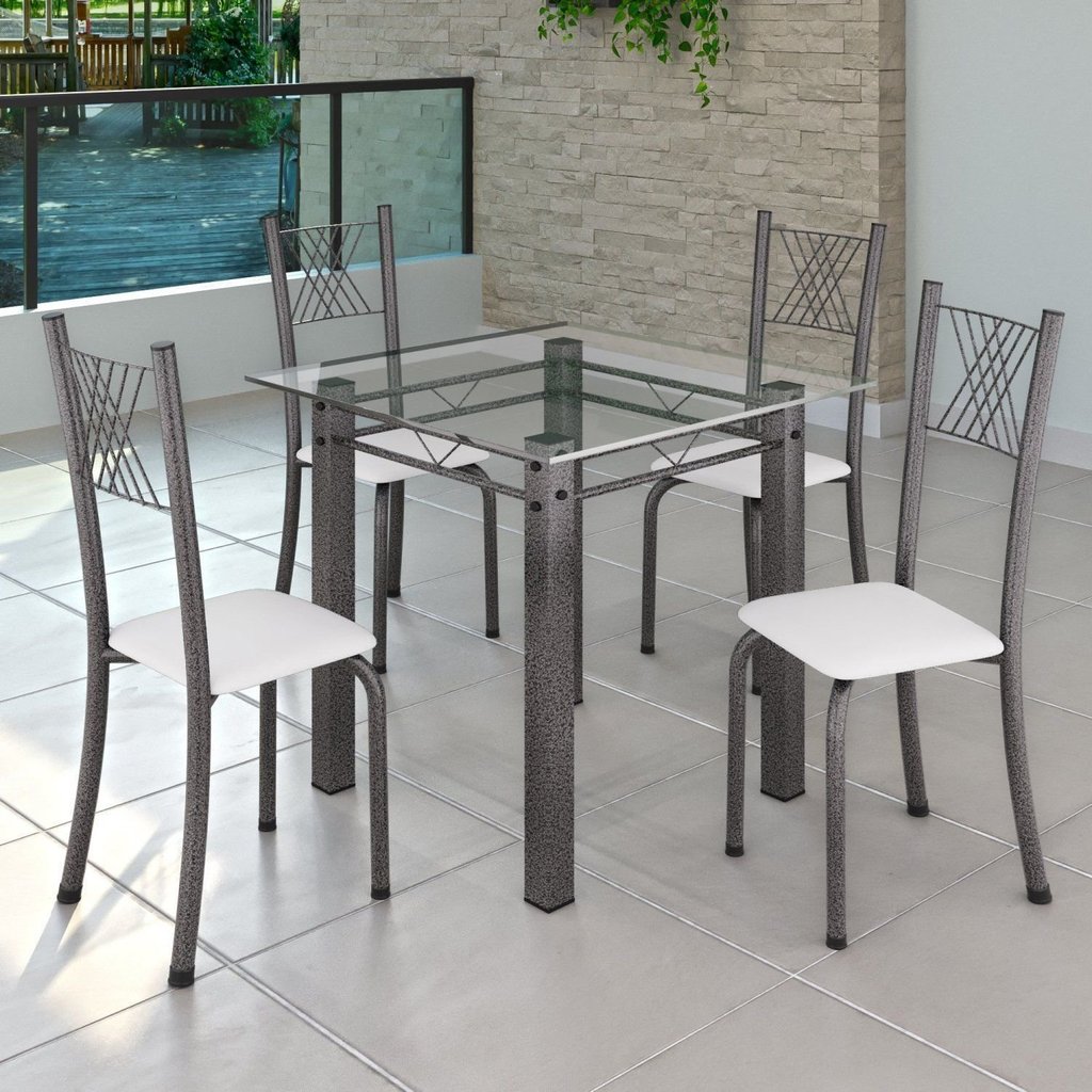 Conjunto de Jantar Mesa 75x75cm Tampo de Vidro Incolor com 4 Cadeiras Sara Yescasa Branco/Prata Conjunto de Jantar Mesa 75x75cm Tampo de Vidro Incolor com 4 Cadeiras Sara Yescasa Branco/Prata