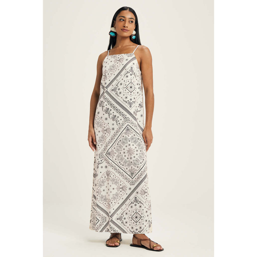 Vestido Feminino Midi Longo Estampado Marialícia Bege Vestido Feminino Midi Longo Estampado Marialícia Bege