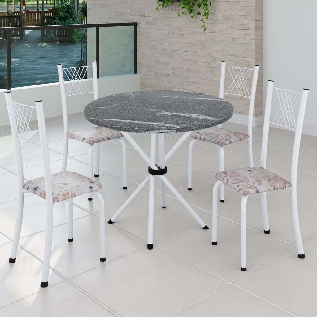 Conjunto de Jantar Mesa Tampo Redondo de Granito Topázio com 4 Cadeiras Sara Yescasa Botanic Bege/Branco Conjunto de Jantar Mesa Tampo Redondo de Granito Topázio com 4 Cadeiras Sara Yescasa Botanic Bege/Branco
