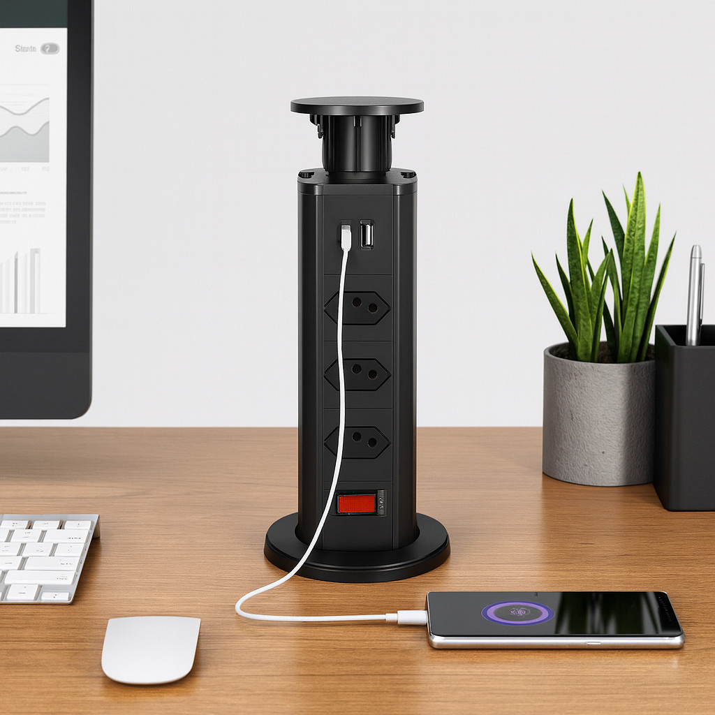 Torre de Tomada Mesa Extensão USB e Tipo C Retrátil Proteção Sobrecarga Escritório Bancada Torre de Tomada Mesa Extensão USB e Tipo C Retrátil Proteção Sobrecarga Escritório Bancada