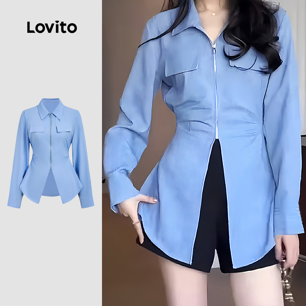 Lovito Blusa Casual com Zíper Outono/inverno Blusa Azul para Mulheres L166AD989 Lovito Blusa Casual com Zíper Outono/inverno Blusa Azul para Mulheres L166AD989