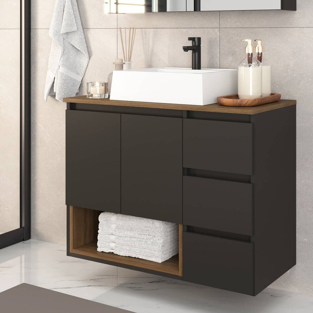 Gabinete Banheiro Suspenso 80cm com 02 Portas 03 Gavetas e Nicho com Cuba Vitória Mel/Grafite Gabinete Banheiro Suspenso 80cm com 02 Portas 03 Gavetas e Nicho com Cuba Vitória Mel/Grafite