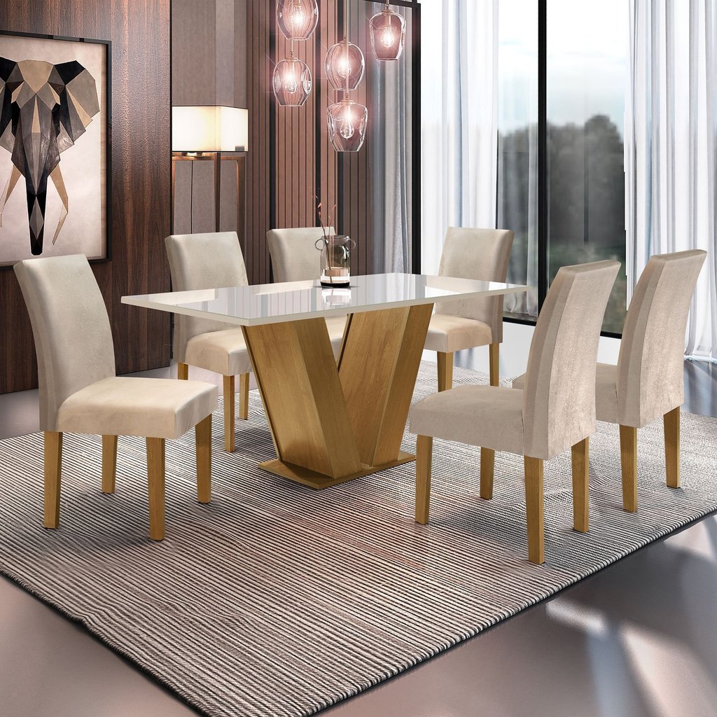 Conjunto Sala de Jantar Mesa Tampo de Vidro 6 Cadeiras Espanha Yescasa Ypê/Off White/Tecido Pena Conjunto Sala de Jantar Mesa Tampo de Vidro 6 Cadeiras Espanha Yescasa Ypê/Off White/Tecido Pena