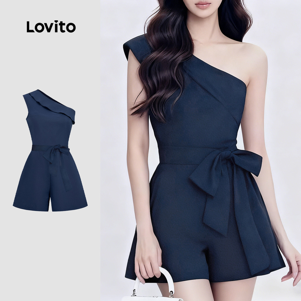Lovito Macacão Elegante De Festa Assimétrico Com Amarração Nas Costas Azul Marinho Mulheres Primavera/verão L165ED1453 Lovito Macacão Elegante De Festa Assimétrico Com Amarração Nas Costas Azul Marinho Mulheres Primavera/verão L165ED1453