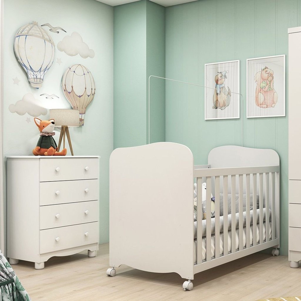Quarto de Bebê Cômoda 4 Gavetas e Berço com Rodizio Mimo 100% Mdf Espresso Móveis Branco Brilho Quarto de Bebê Cômoda 4 Gavetas e Berço com Rodizio Mimo 100% Mdf Espresso Móveis Branco Brilho