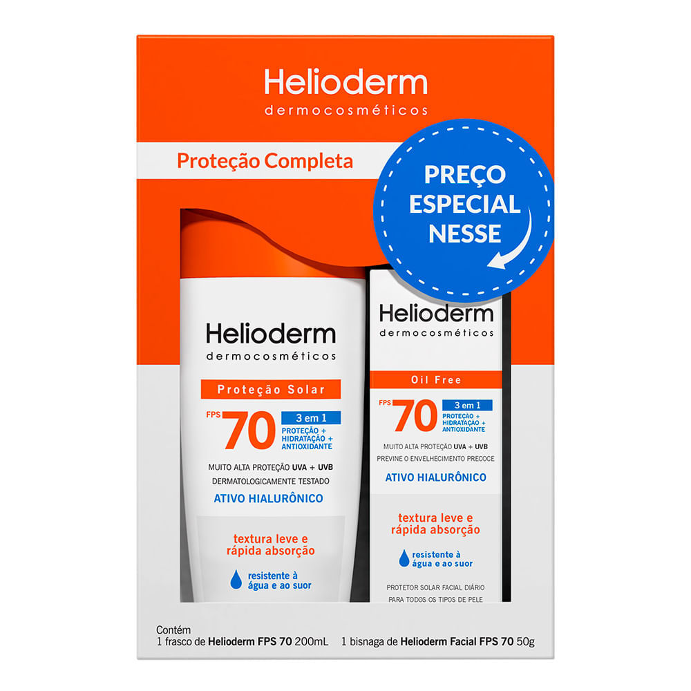 Kit Protetor Solar Corporal Helioderm 3 em 1 FPS 70 200ml e Protetor Solar Facial Oil Free 3 em 1 FPS 70 Sem Cor 50g Kit Protetor Solar Corporal Helioderm 3 em 1 FPS 70 200ml e Protetor Solar Facial Oil Free 3 em 1 FPS 70 Sem Cor 50g