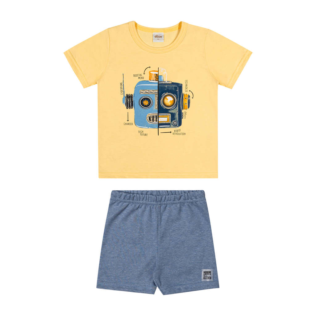 Conjunto Curto Infantil Menino Robô Elian Amarelo Conjunto Curto Infantil Menino Robô Elian Amarelo