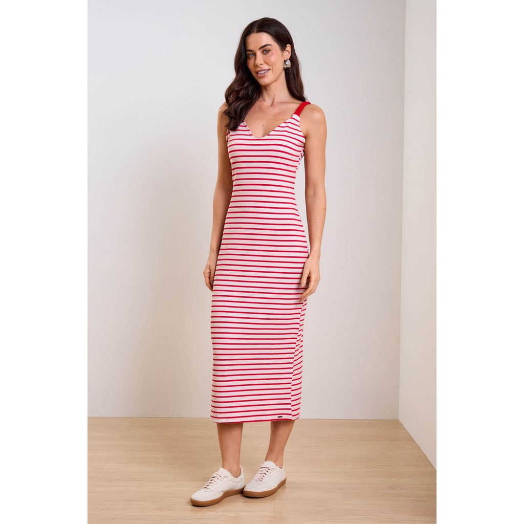 Vestido Feminino Listrado Marialícia Vermelho Vestido Feminino Listrado Marialícia Vermelho