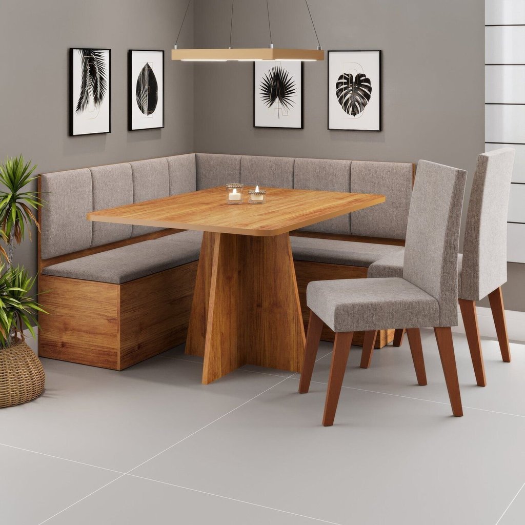 Conjunto Canto Alemão com Baú Mesa 120×77,5cm Tampo sem Vidro com 2 Cadeiras Milão Kaki/Mel