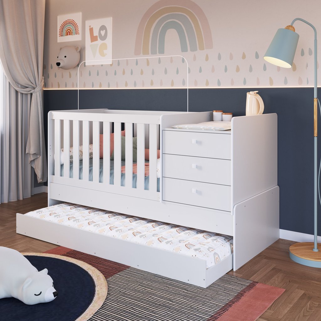 Berço Cama Multifuncional com Cama Auxiliar 3 Gavetas Branco Berço Cama Multifuncional com Cama Auxiliar 3 Gavetas Branco