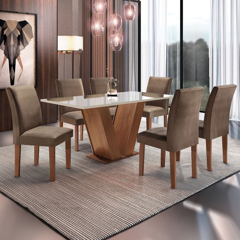 Conjunto Sala de Jantar Mesa Tampo de Vidro 6 Cadeiras Espanha Yescasa Chocolate/Off White/Animale Marrom Conjunto Sala de Jantar Mesa Tampo de Vidro 6 Cadeiras Espanha Yescasa Chocolate/Off White/Animale Marrom
