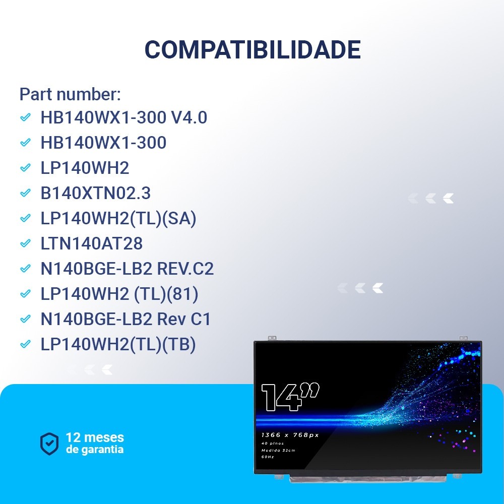 Tela Nova 14.0 Led Slim 40 Pinos B140xw03 V.0 B140xw03 V.1 Tela Nova 14.0 Led Slim 40 Pinos B140xw03 V.0 B140xw03 V.1